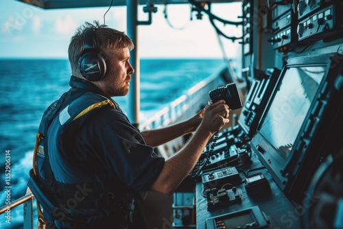 A focused maritime officer operates shipboard communication systems during an ocean voyage.