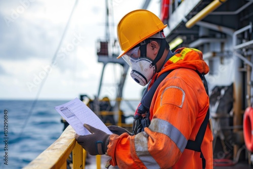 Offshore worker in safety gear reviews documentation on an oil rig platform at sea.