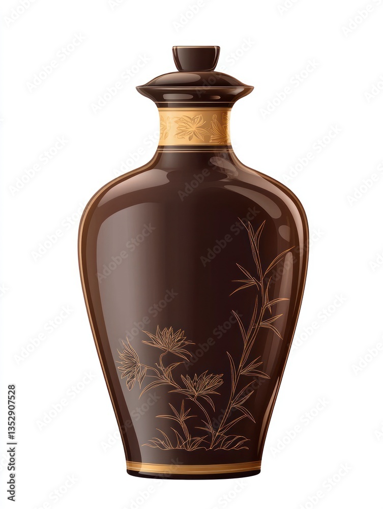 Elegant Dark Brown Vase with Golden Floral Accents on White Background Elegant Dark Brown Vase with Golden Floral Accents on White Background