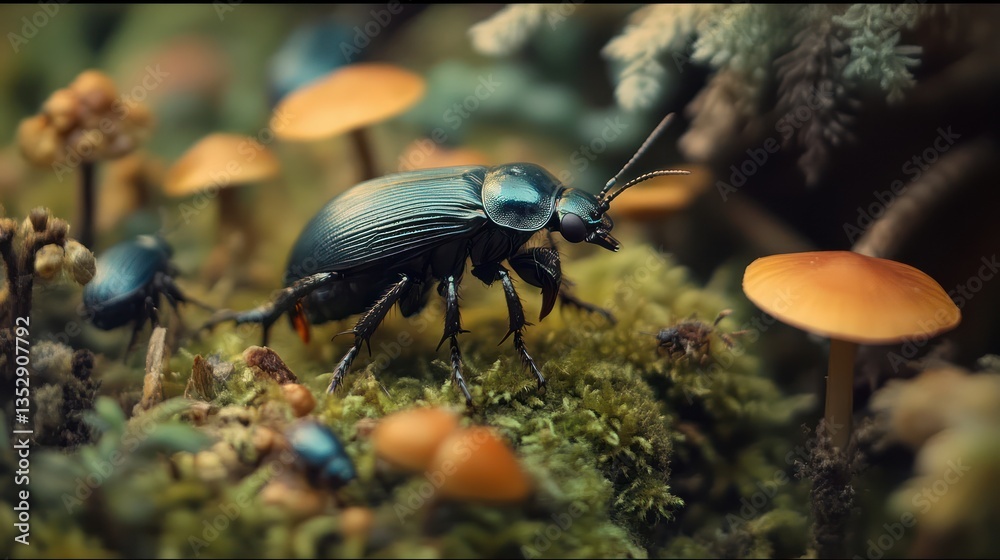 Fototapeta premium Forest beetle walking moss mushrooms nature macro photography