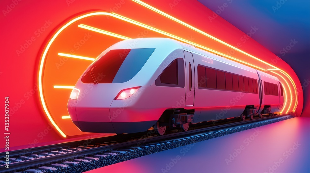 Naklejka premium Modern train in neon tunnel with dynamic lighting