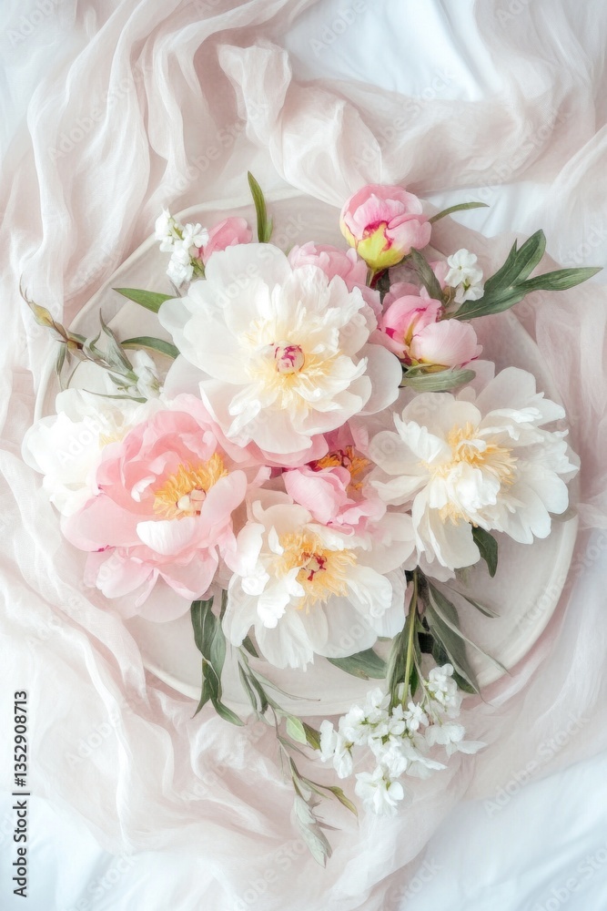 Delicate pastel colored flowers arranged on a neutral colored plate Delicate pastel colored flowers arranged on a neutral colored plate