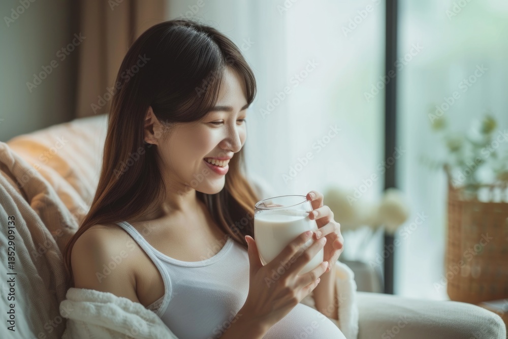 A pregnant woman smiles contentedly while enjoying a glass of milk at home. A pregnant woman smiles contentedly while enjoying a glass of milk at home.