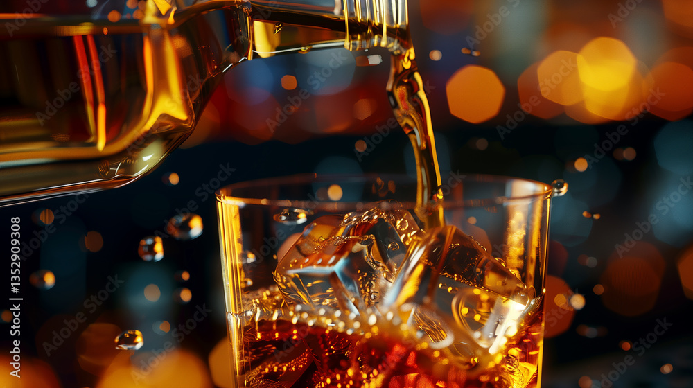 A glass of whisky with ice cubes in it is being poured A glass of whisky with ice cubes in it is being poured