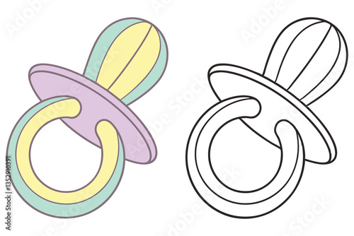 Colorful Pacifier with Outline, Baby Soother Accessory Design Element, Isolated on White