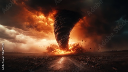 A fierce tornado forming against a backdrop of dark, ominous clouds, representing nature's unrestrained power and evoking feelings of fear and awe amidst a hazardous environment.
