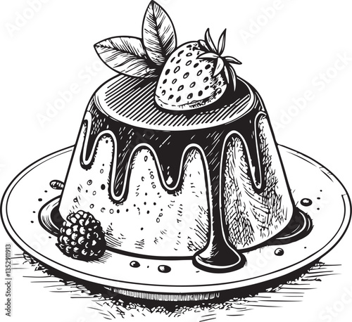 Lava Cake Chocolate Dessert Black and White Vector Illustration, Sketch Drawing Line Linear Engraving, Hand-drawn Isolated