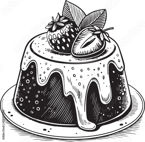 Lava Cake Chocolate Dessert Black and White Vector Illustration, Sketch Drawing Line Linear Engraving, Hand-drawn Isolated