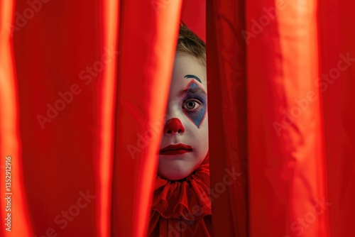 A child in clown makeup peeks from behind a red curtain, creating a spooky and mysterious scene. photo