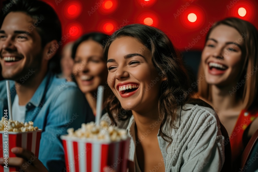 Friends enjoying a movie at the cinema, laughing and sharing popcorn.