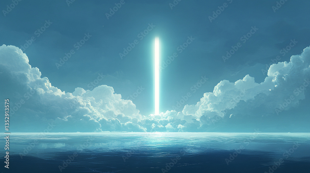 Fototapeta premium Serene ocean scene with a glowing vertical beam piercing through clouds at dusk, reflecting on water