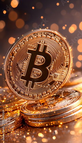 Bitcoin Coin; Festive Bokeh; Financial