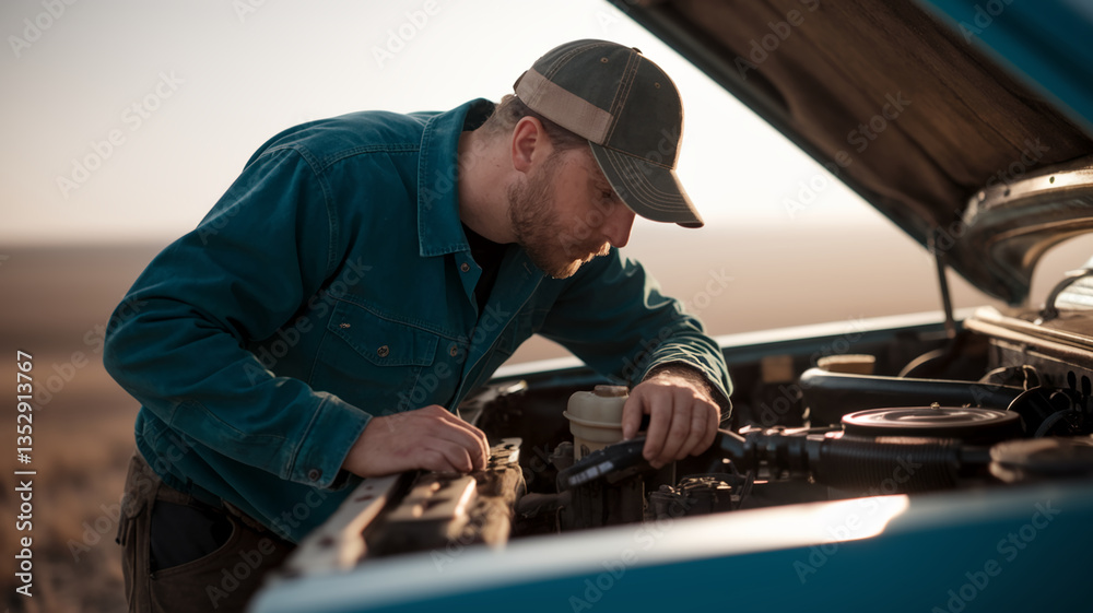 Man in teal shirt and cap examining car engine outdoors, sunlight illuminating scene. Represents car repair, maintenance, or roadside assistance. Man in teal shirt and cap examining car engine outdoors, sunlight illuminating scene. Represents car repair, maintenance, or roadside assistance.