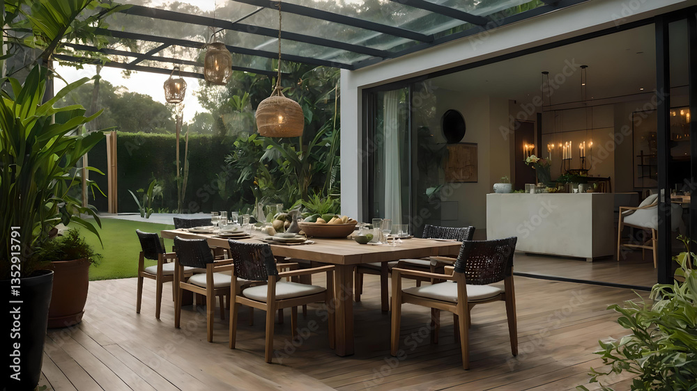 Naklejka premium Beautiful composition of cozy terrace with big table, garden chair, plaid, plants in flowerpots, tableware, fruits in bowl, buns, brown tablecloth and personal accessories. Home decor.