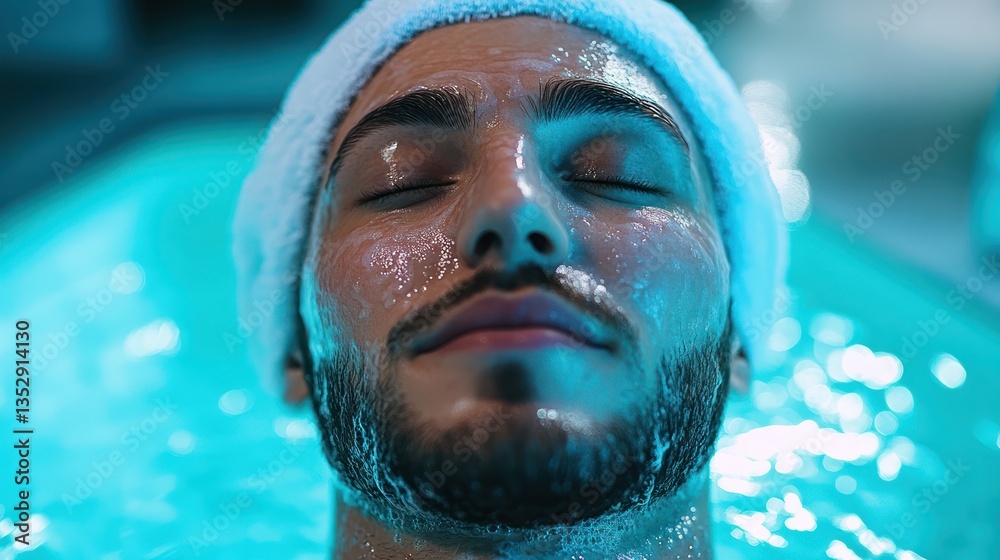 Fototapeta premium Man relaxes in spa, floatation therapy, blue water, skincare mask, serene background
