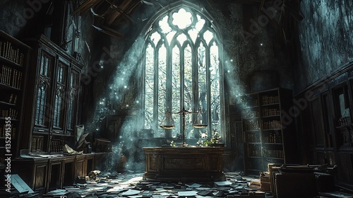 Sunlit gothic library with scales of justice, dust motes, and scattered papers.