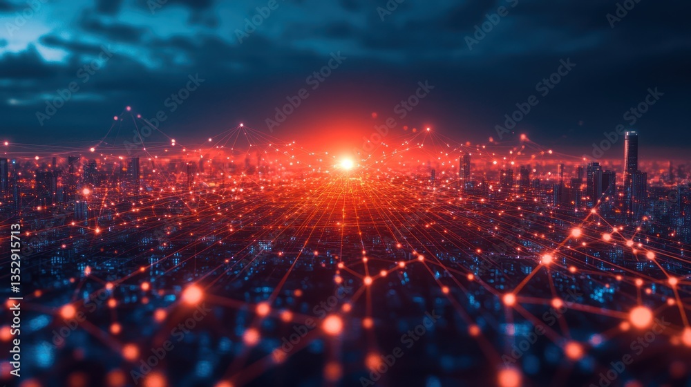Cityscape Network Sunset Digital Connection Futuristic Illustration Cityscape Network Sunset Digital Connection Futuristic Illustration