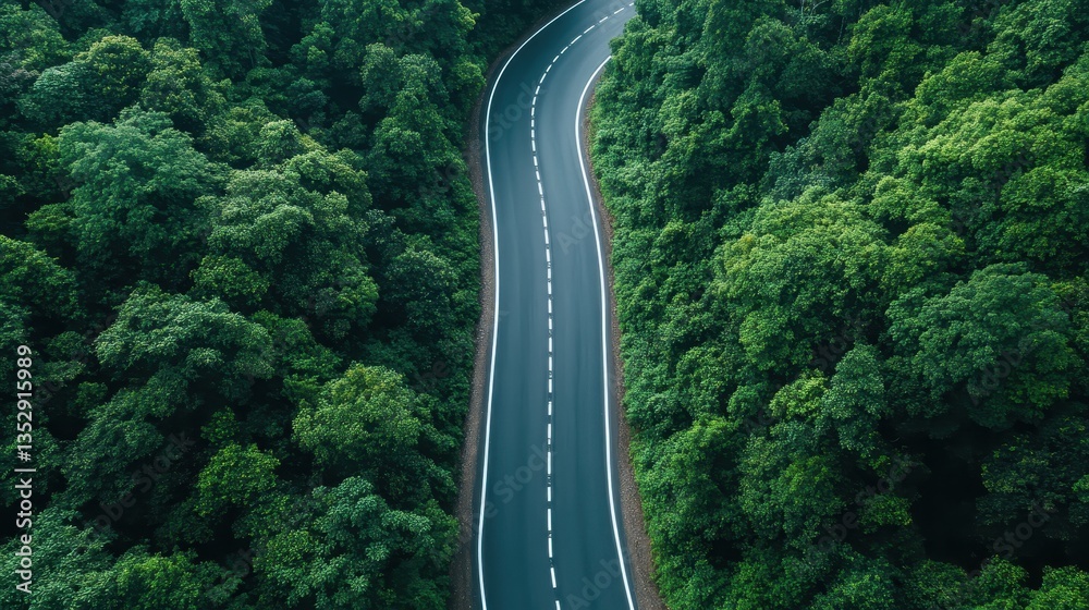 An aerial view displaying a scenic, curved road surrounded by dense greenery, inviting travelers to explore the natural beauty of a tranquil forest environment. An aerial view displaying a scenic, curved road surrounded by dense greenery, inviting travelers to explore the natural beauty of a tranquil forest environment.