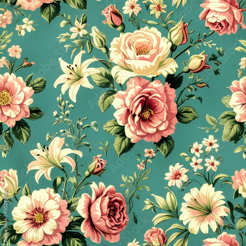 Wallpaper Mural Floral pattern with roses, daisies and lilies in soft pastel tones on a blue background Torontodigital.ca