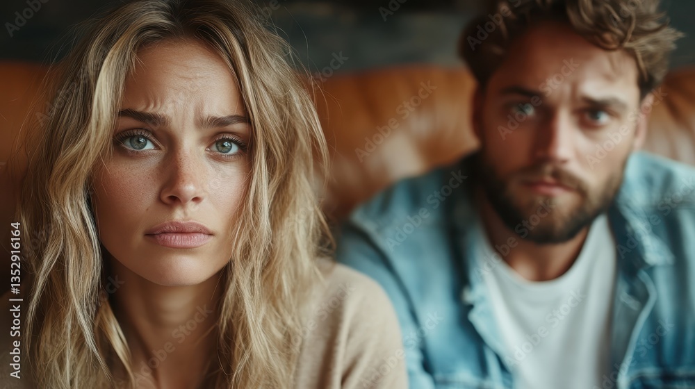 A close-up portrait of a couple with concerned expressions, capturing a moment of vulnerability and emotional depth, reflecting their connection and shared experience.