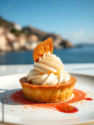 Futuristic dessert resembling Tarte Tropzienne La Tarte Tropezienne SaintTropez known brioche creamy filling Integrate avantgarde design elements that echo the spirit of this Michelinstarred bakery