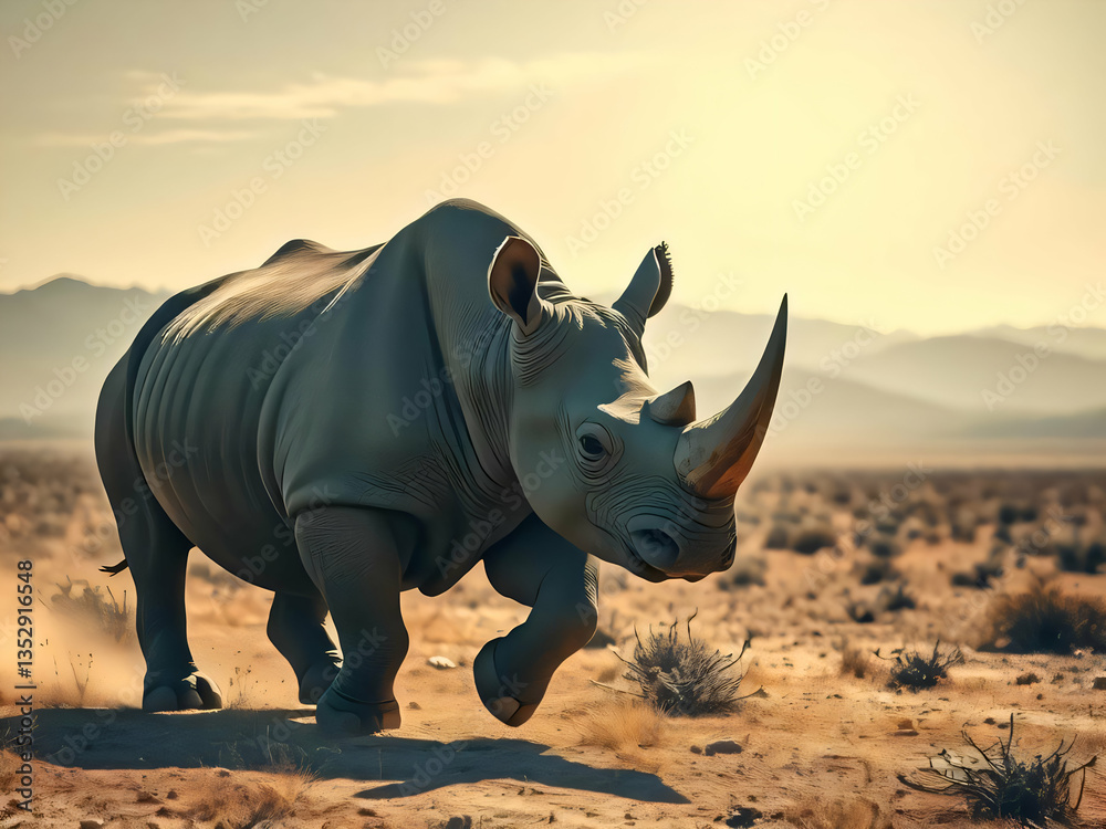 Fototapeta premium Rhino Charging in African Savannah with Golden Light and Distant Mountains