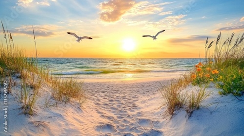 Fototapeta Naklejka Na Ścianę i Meble -  Serene beach sunset vista