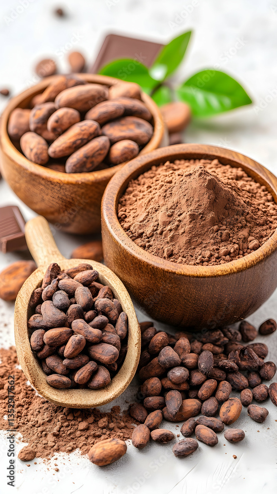 Fototapeta premium Cacao beans, cocoa powder, and chocolate on white surface