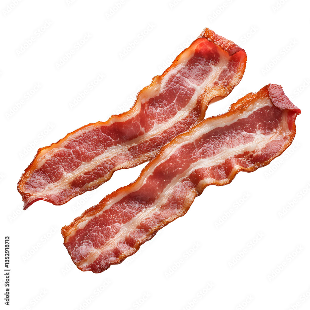 Obraz premium Crispy bacon strips on a solid background. Perfectly cooked meat, ready for breakfast or a delicious addition to any meal. Salty and savory delight.