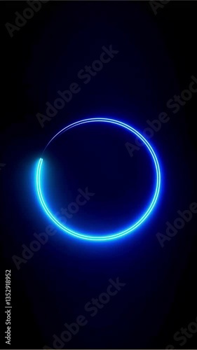Glowing blue neon circle pulsating in dark space. The luminous ring flickers and shifts intensity while maintaining its orbital shape, creating a hypnotic effect as light travels looped, repetitive,