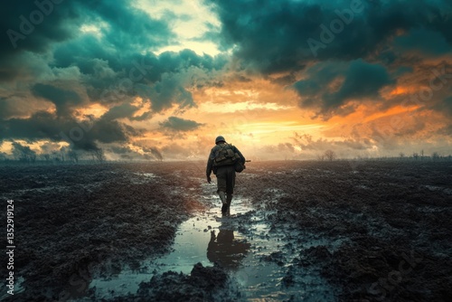 Soldier walks through muddy battlefield at sunset with dramatic sky Generative AI