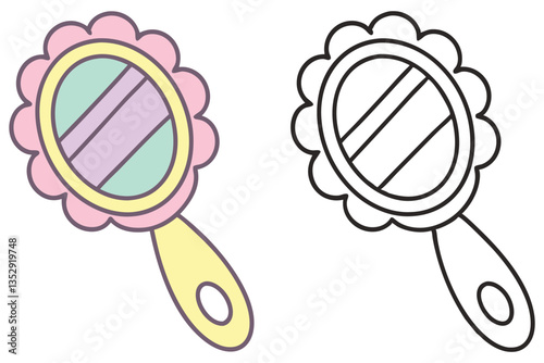 Cute Hand Mirror Colored & Outline Style, Round Shaped Mirror with Handle, Nursery Decor