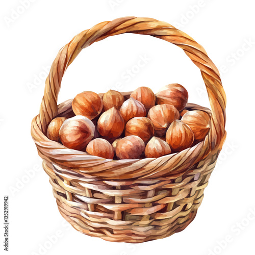 A watercolor vector painting of a hazelnut basket, isolated on a white background. Hazelnut basket vector.

