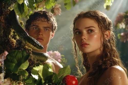 Adam and Eve approach the Tree of Knowledge in the Garden of Eden Generative AI