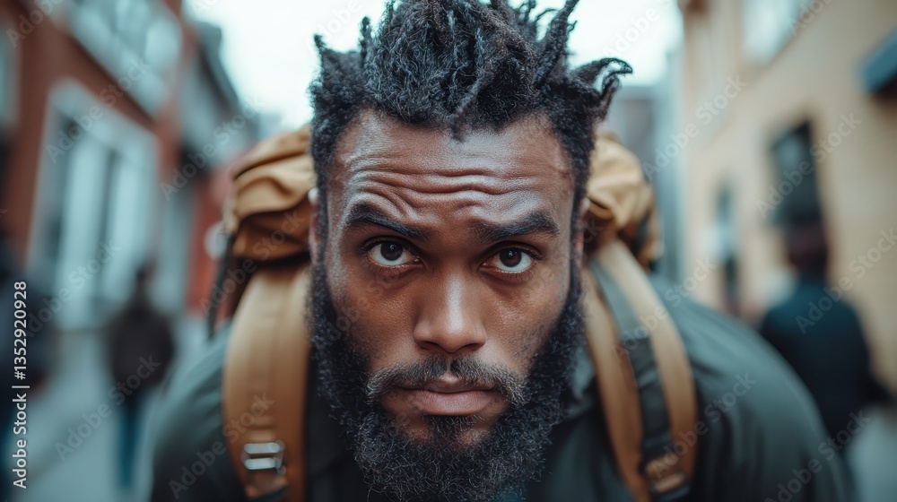 A male figure with dreadlocks and a backpack stares intensely into the camera against an urban backdrop, conveying focus and determination amidst the hustle. A male figure with dreadlocks and a backpack stares intensely into the camera against an urban backdrop, conveying focus and determination amidst the hustle.