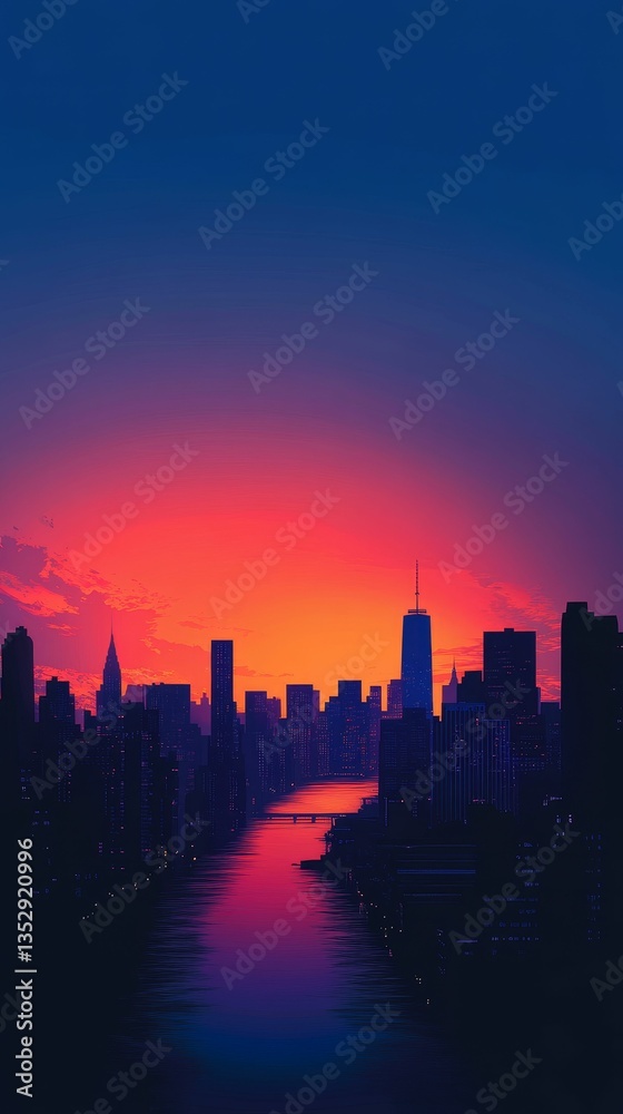 Fototapeta premium City skyline glows during colorful vibrant sunset.