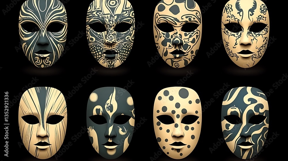 Fototapeta premium Eight Decorative Masks With Ornate Designs Displayed Against Black