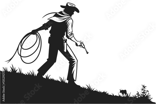 Silhouette of a Cowboy with Lasso and Gun on a Hill