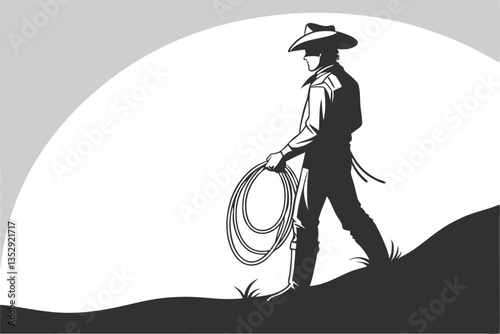 Cowboy Silhouette with Lariat Walking on a Hill