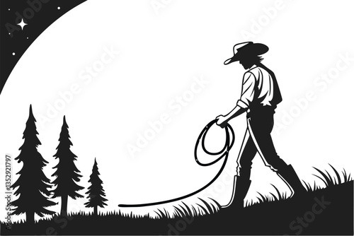 Silhouette of a Cowboy with Lariat at Night