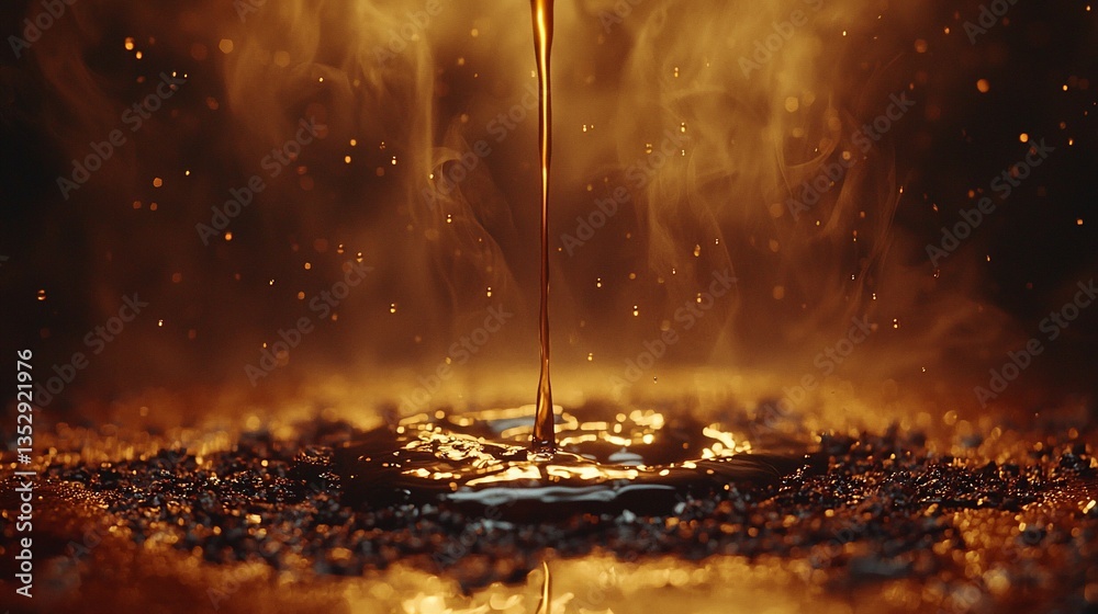 Hot liquid pouring, steam, dark background.