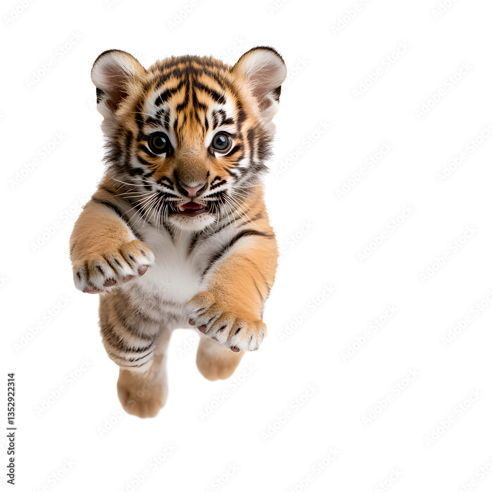 Obraz premium Adorable tiger cub in mid-leap, radiating energy and playful charm. A captivating image of youthful wildness. The cub's playful nature shines.