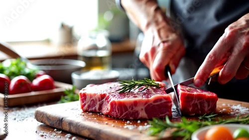 Chef preparing a delicious ribeye steak, seasoned with rosemary and salt, ready to be cooked.