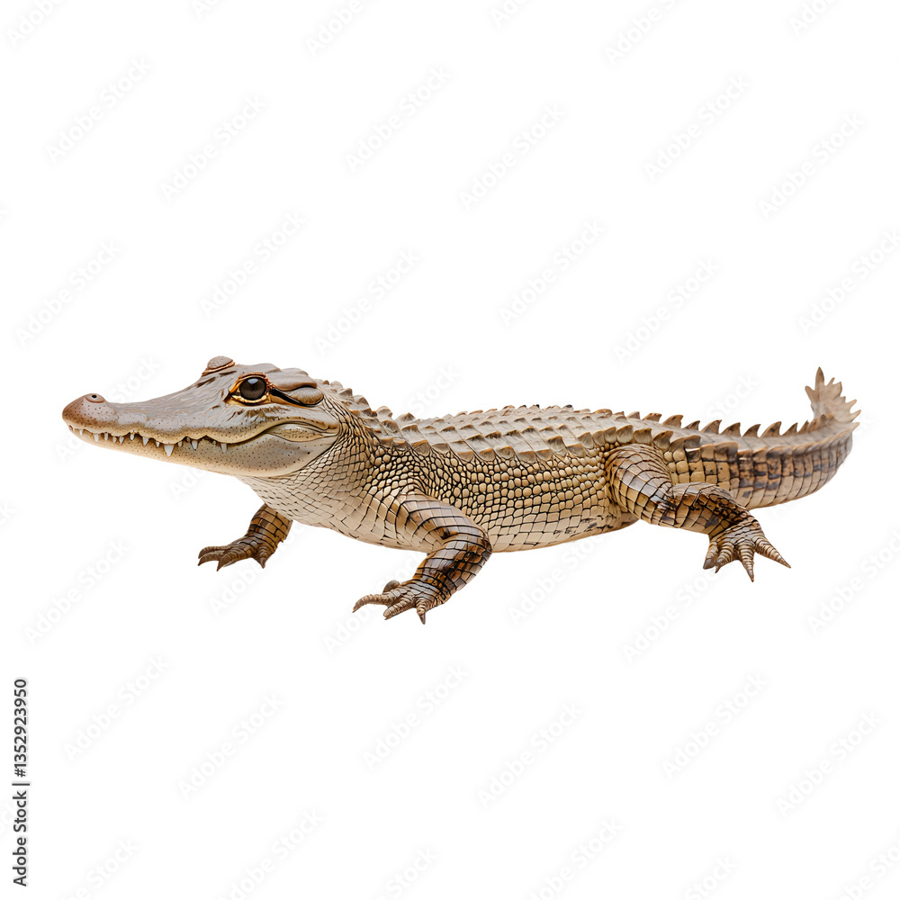 Naklejka premium Pale alligator basking, its textured skin and formidable presence making a distinct impression. Nature's apex predator revealed.
