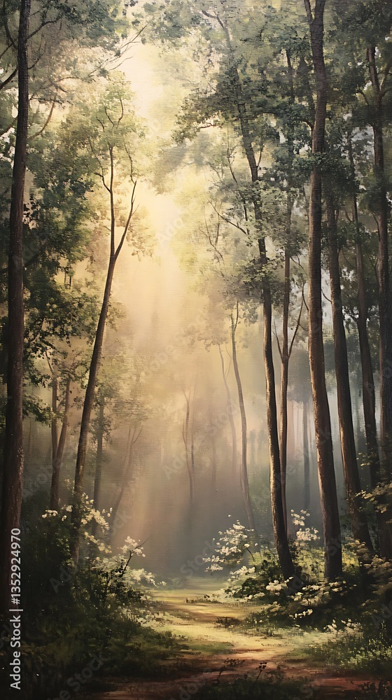 Naklejka premium Misty forest path bathed in sunlight