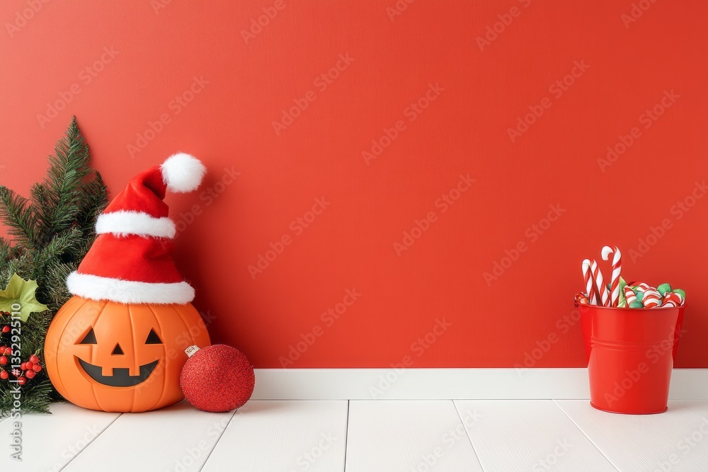 Fototapeta premium Halloween pumpkin wears a santa hat next to christmas decor