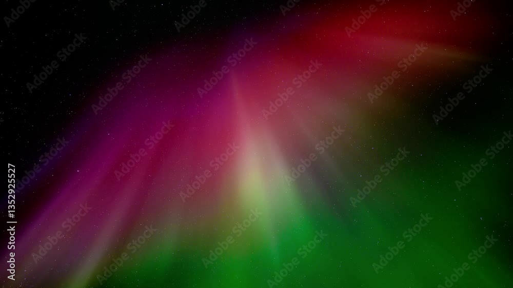 Northern Lights Aurora red and green flashing and rotating through a stary night sky. Colorful, sky only
