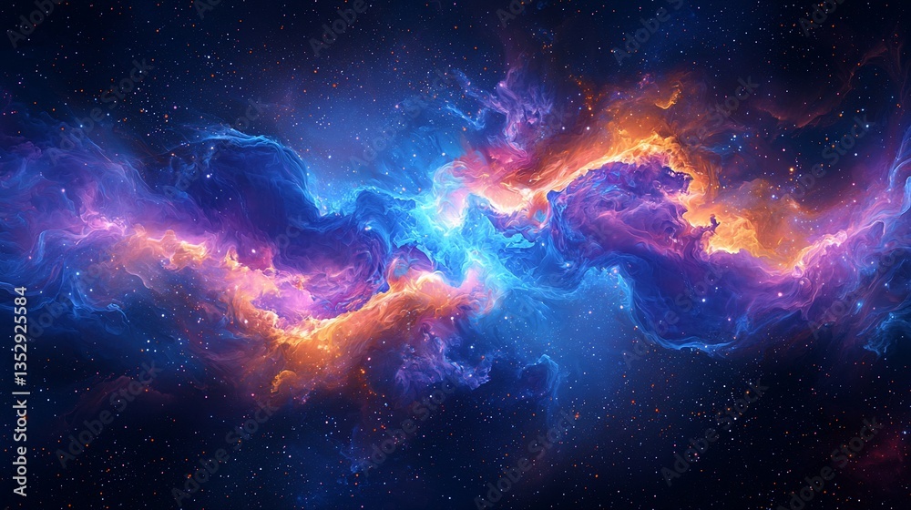 Cosmic nebula with vibrant blue, purple, and orange hues.