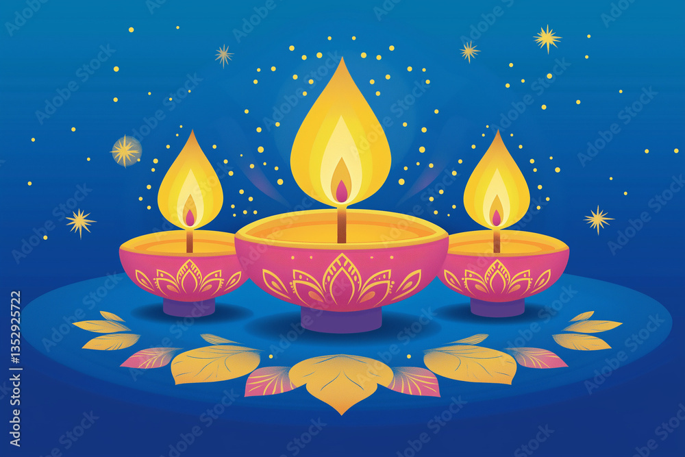Fototapeta premium Diwali Illustration with Burning Oil Lamps on Lotus Shape and Blue Background