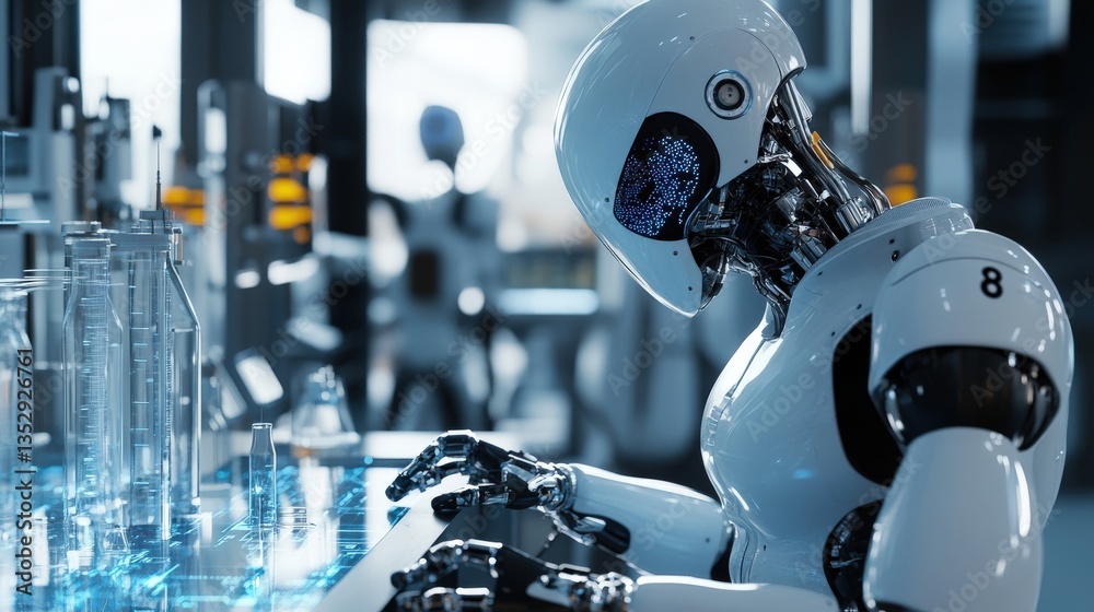 Fototapeta premium Artificial Intelligence Robot Performing Work In A Scientific Laboratory